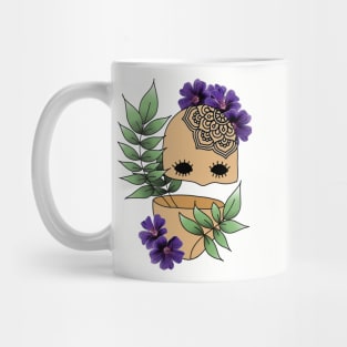 Surreal Plant Person with Realism Flowers and Mandala Tattoo on Bald Head Mug